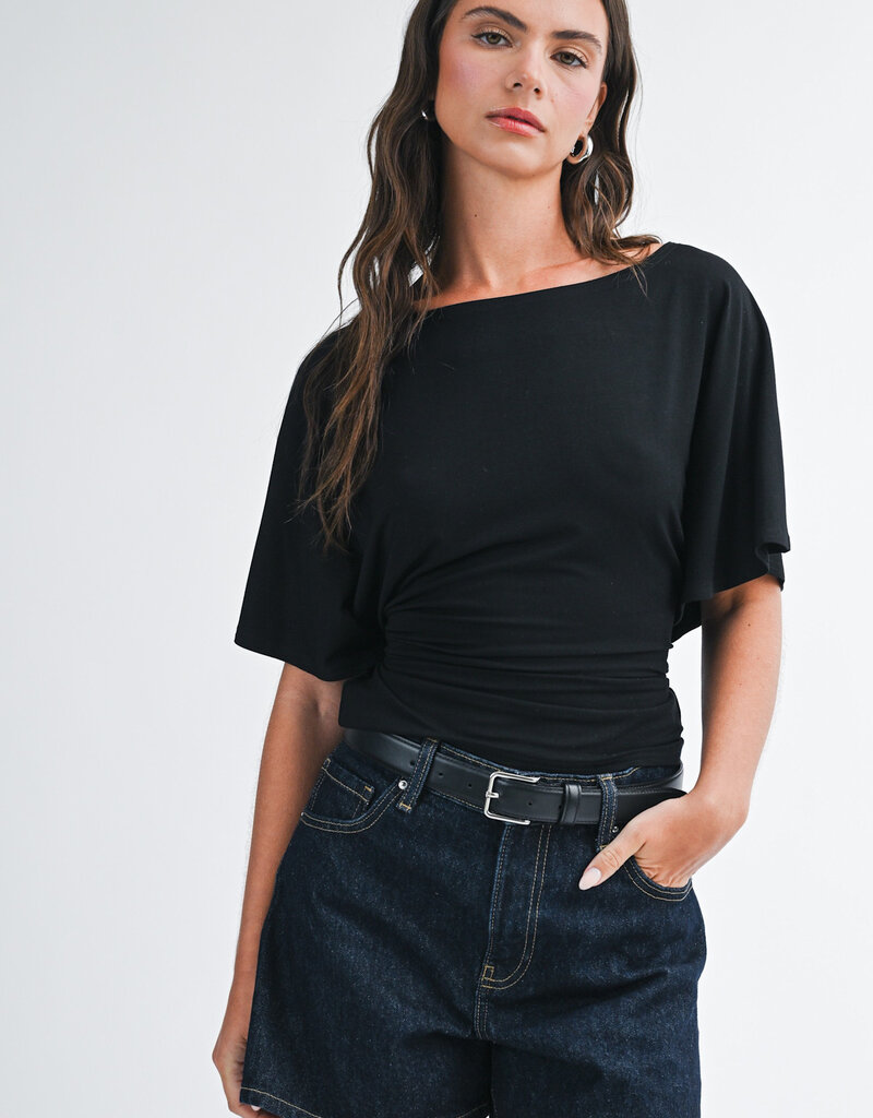 Draped Short Sleeve Back Tie Top