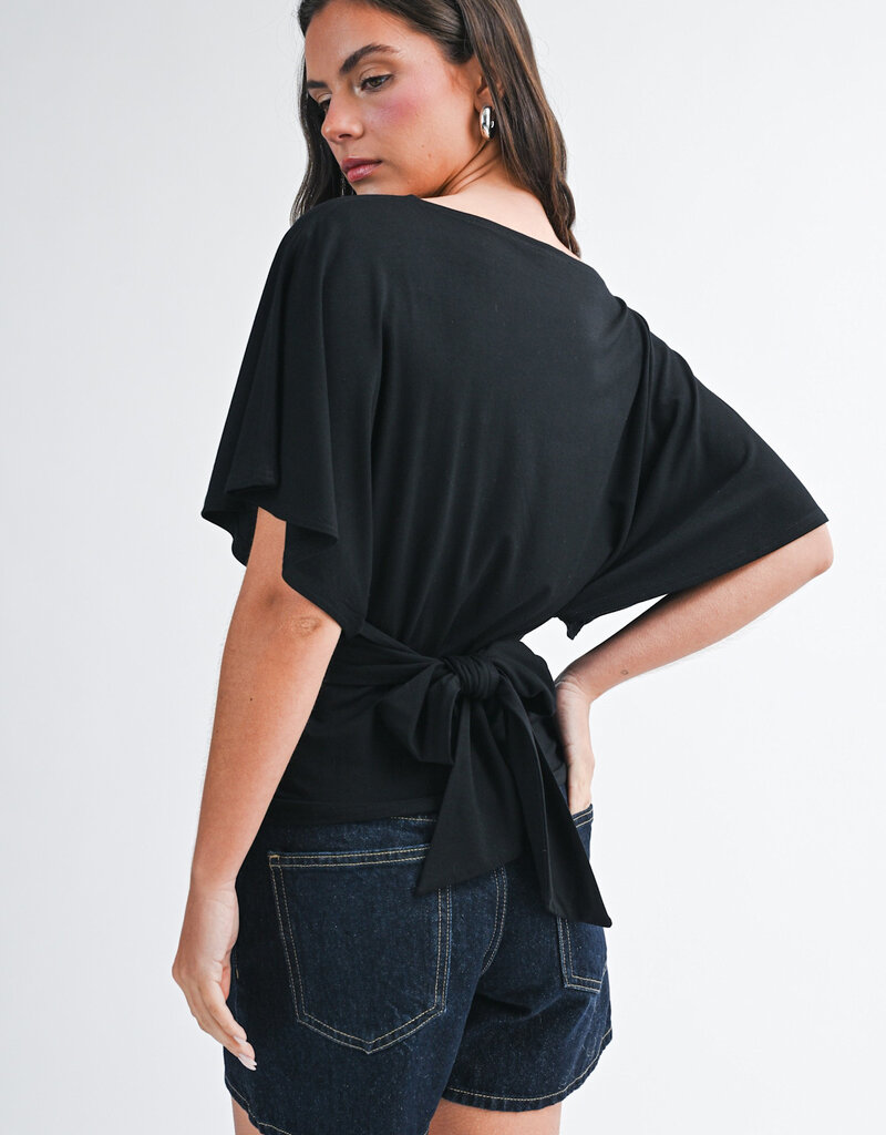 Draped Short Sleeve Back Tie Top