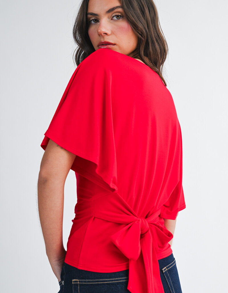 Draped Short Sleeve Back Tie Top
