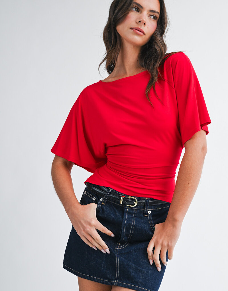 Draped Short Sleeve Back Tie Top