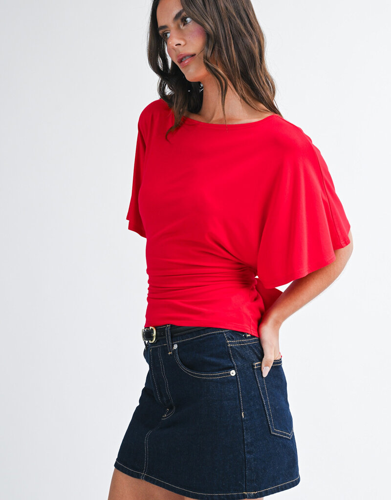 Draped Short Sleeve Back Tie Top
