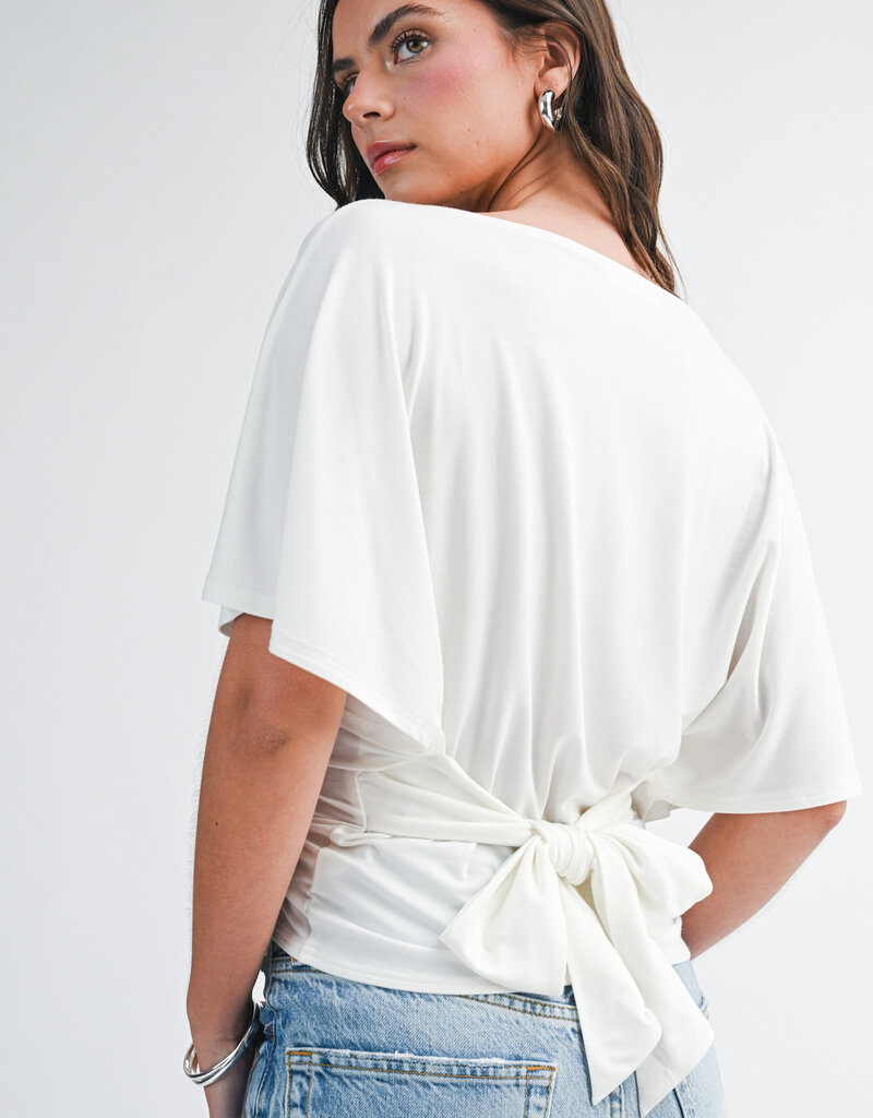 Draped Short Sleeve Back Tie Top