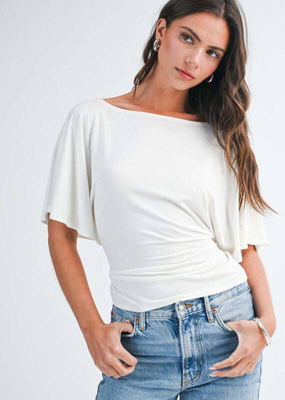 Draped Short Sleeve Back Tie Top