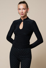 Keyhole Front Button Mandarin Collar Long Sleeve Top