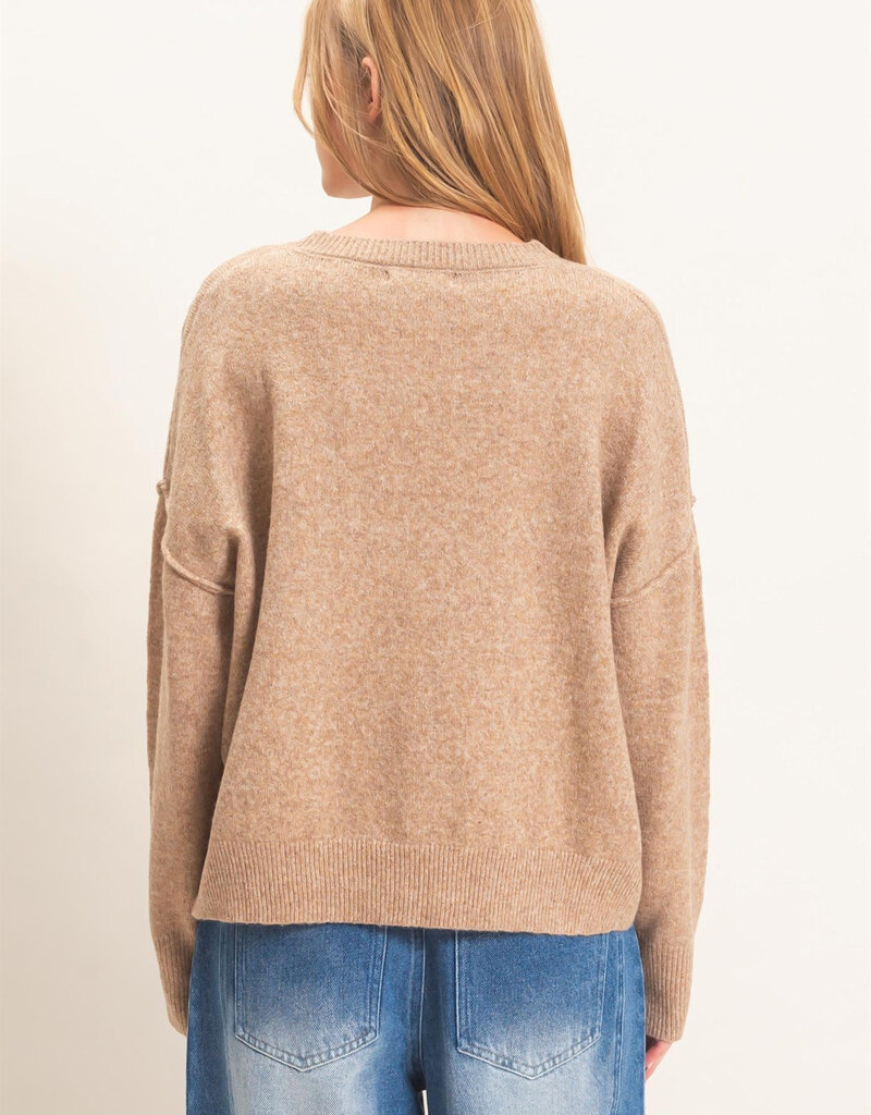 Exposed Seam Long Sleeve Sweater With Ribbed Hem