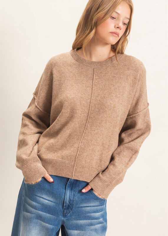 Exposed Seam Long Sleeve Sweater With Ribbed Hem