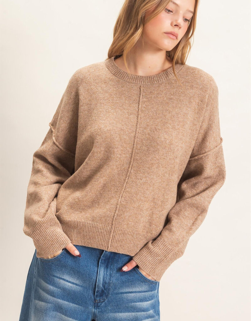 Exposed Seam Long Sleeve Sweater With Ribbed Hem