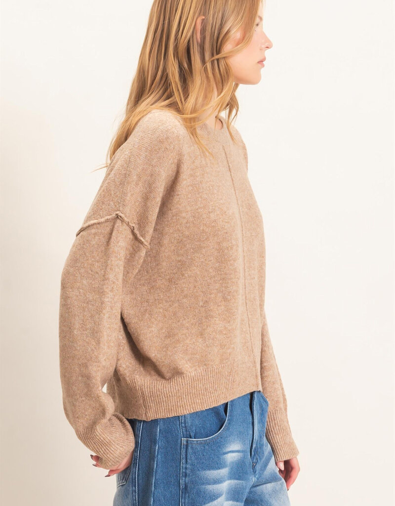 Exposed Seam Long Sleeve Sweater With Ribbed Hem