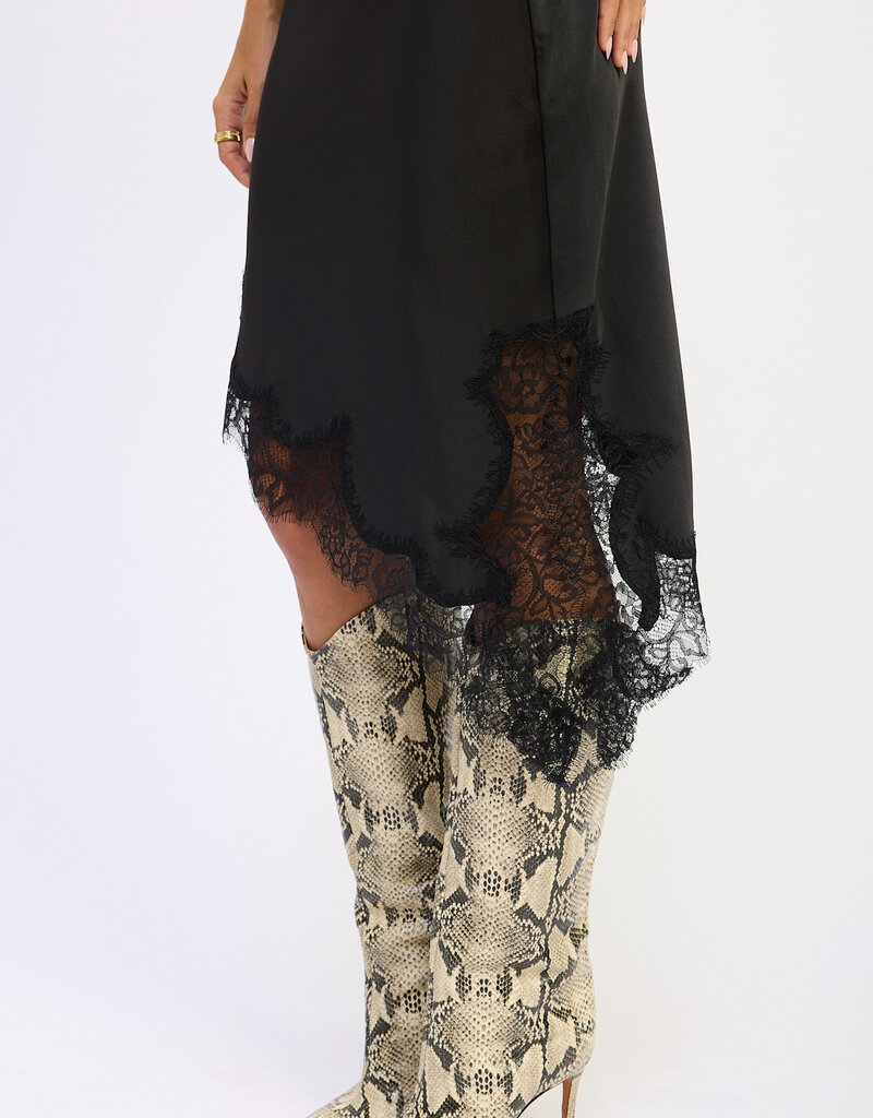 Corinne Asymmetrical Low Rise Satin Skirt With Lace Detail