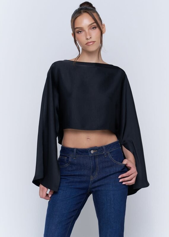 Satin Wide Kimono Sleeve Cropped Top