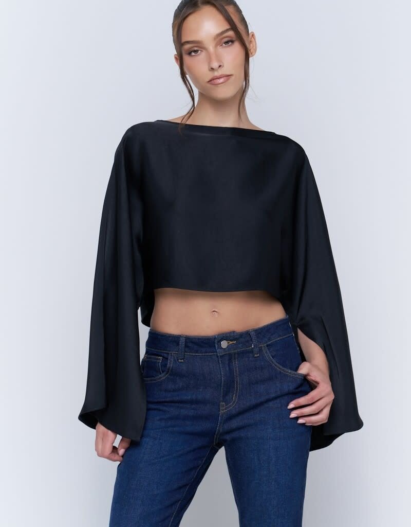 Satin Wide Kimono Sleeve Cropped Top