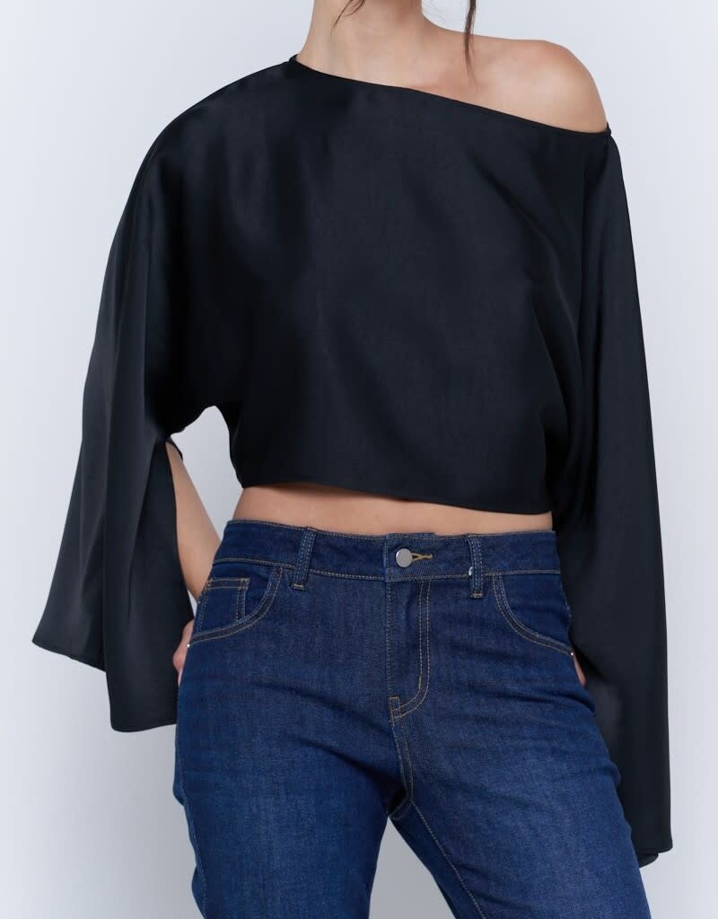 Satin Wide Kimono Sleeve Cropped Top