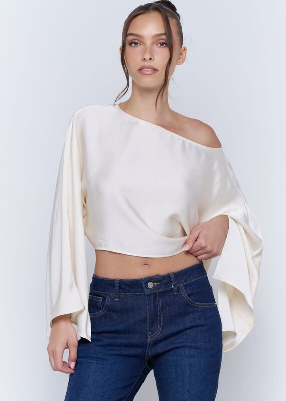 Satin Wide Kimono Sleeve Cropped Top