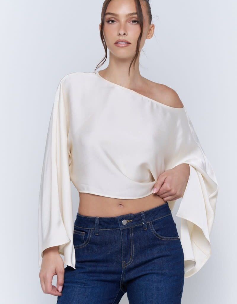 Satin Wide Kimono Sleeve Cropped Top