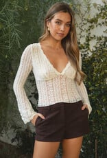 Scalloped V Neck Long Sleeve Semi Sheer Lace Top