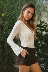 Scalloped V Neck Long Sleeve Semi Sheer Lace Top