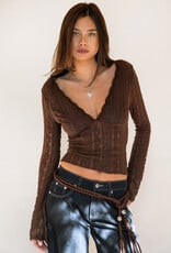 Scalloped V Neck Long Sleeve Semi Sheer Lace Top