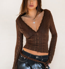 Scalloped V Neck Long Sleeve Semi Sheer Lace Top