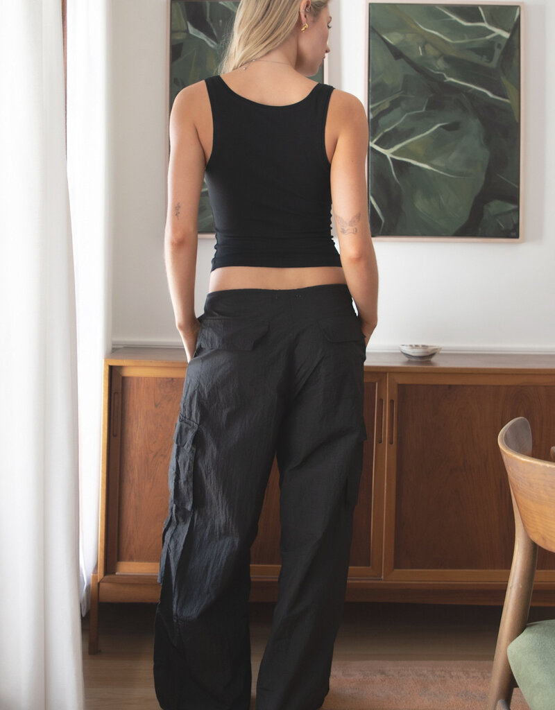 Drawstring Waist Crinkled Nylon Parachute Cargo Pants