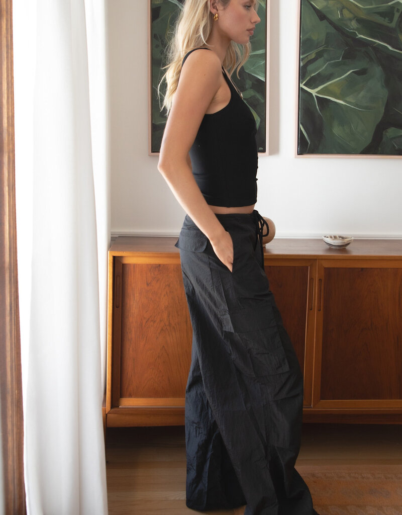 Drawstring Waist Crinkled Nylon Parachute Cargo Pants