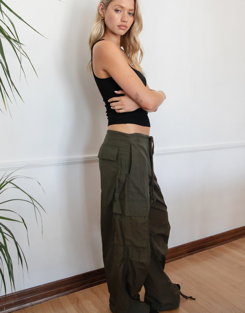 Drawstring Waist Crinkled Nylon Parachute Cargo Pants