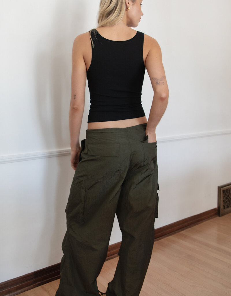 Drawstring Waist Crinkled Nylon Parachute Cargo Pants