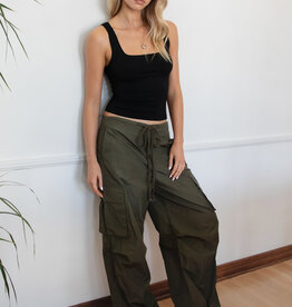 Drawstring Waist Crinkled Nylon Parachute Cargo Pants