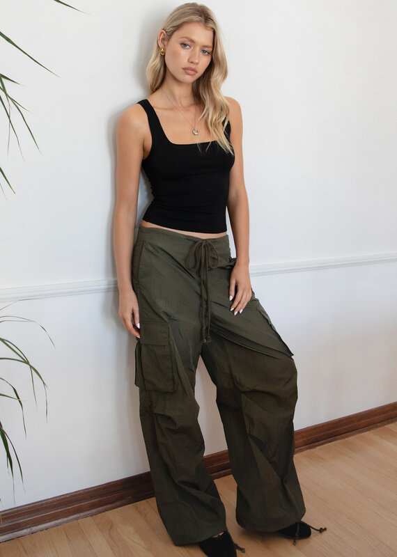 Drawstring Waist Crinkled Nylon Parachute Cargo Pants