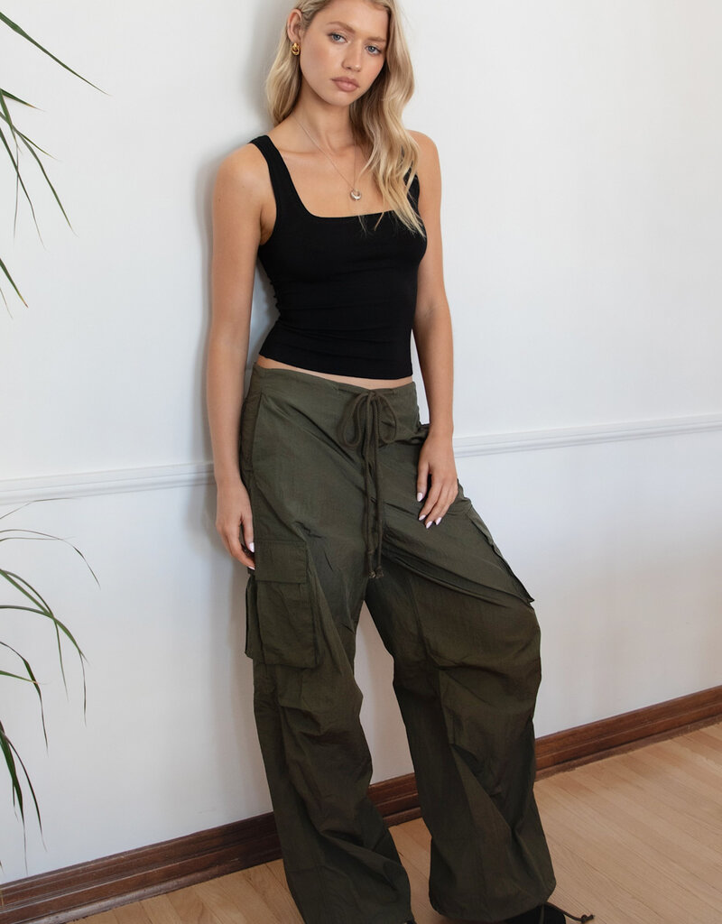 Drawstring Waist Crinkled Nylon Parachute Cargo Pants
