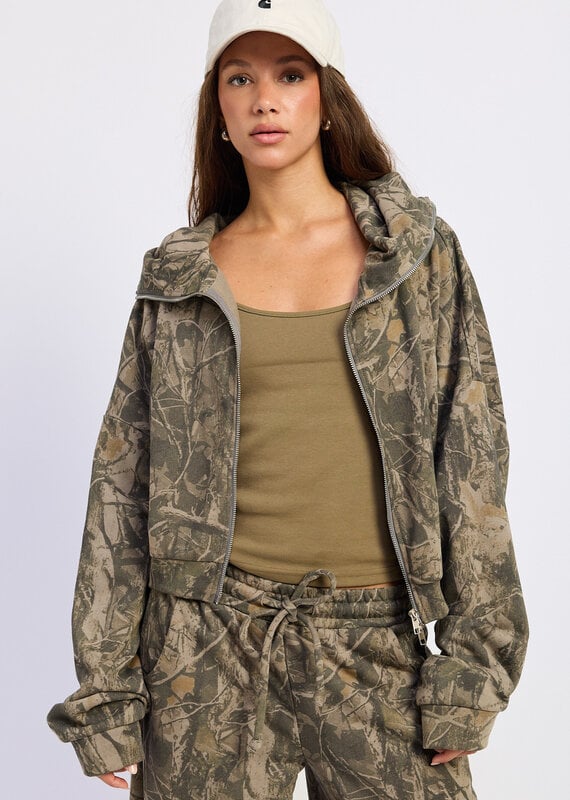 Drew High Neck Hoodie Zip Up Camo Jacket