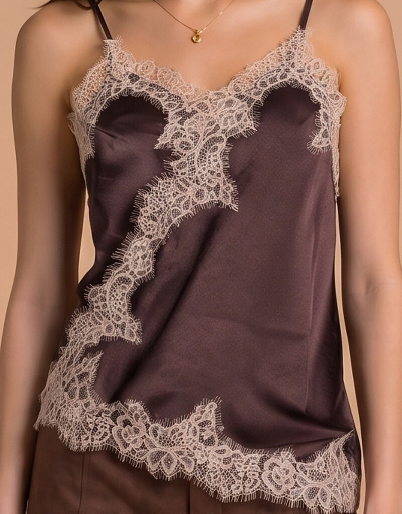 Celia Lace Trim Asymmetric Hem Cami Satin Top