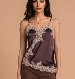 Celia Lace Trim Asymmetric Hem Cami Satin Top