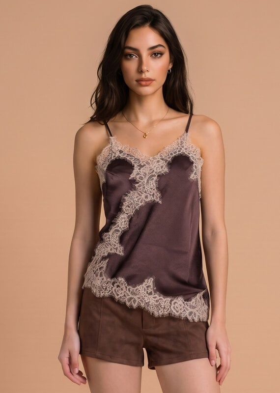 Celia Lace Trim Asymmetric Hem Cami Satin Top