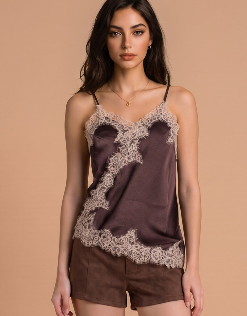 Celia Lace Trim Asymmetric Hem Cami Satin Top