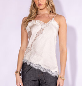 Celia Lace Trim Asymmetric Hem Cami Satin Top