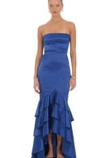 Strapless Satin Ruffle Hem Maxi Dress