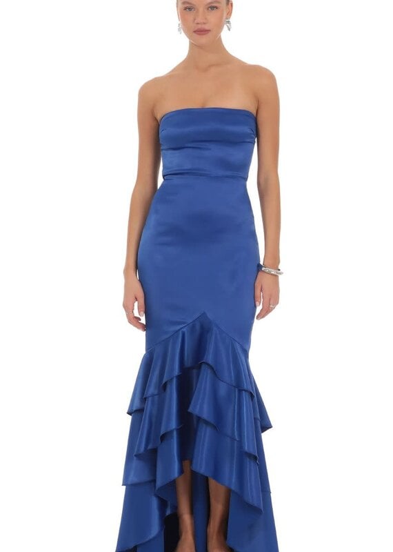 Lucy In The Sky Strapless Satin Ruffle Hem Maxi Dress