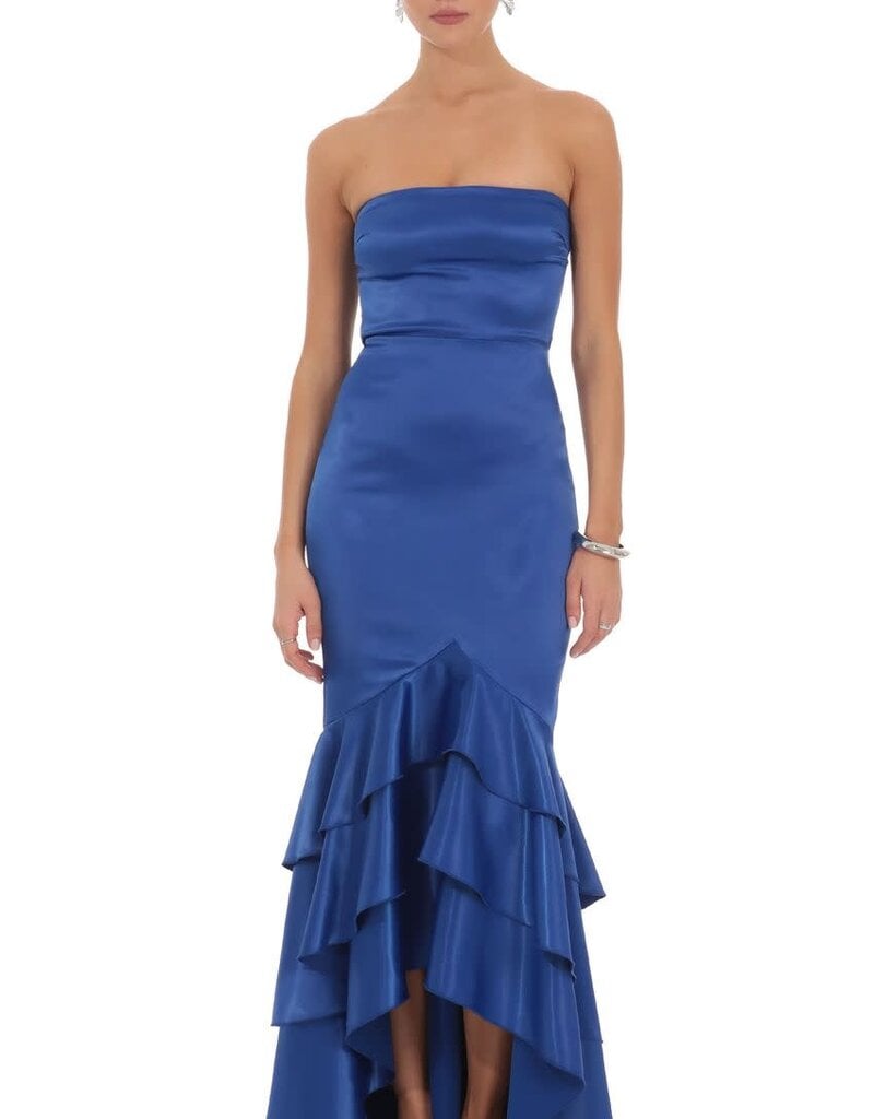 Strapless Satin Ruffle Hem Maxi Dress
