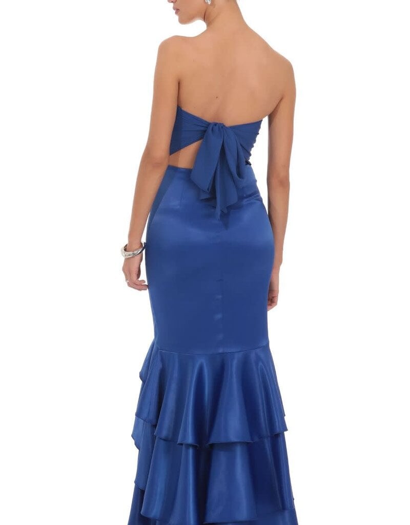 Strapless Satin Ruffle Hem Maxi Dress