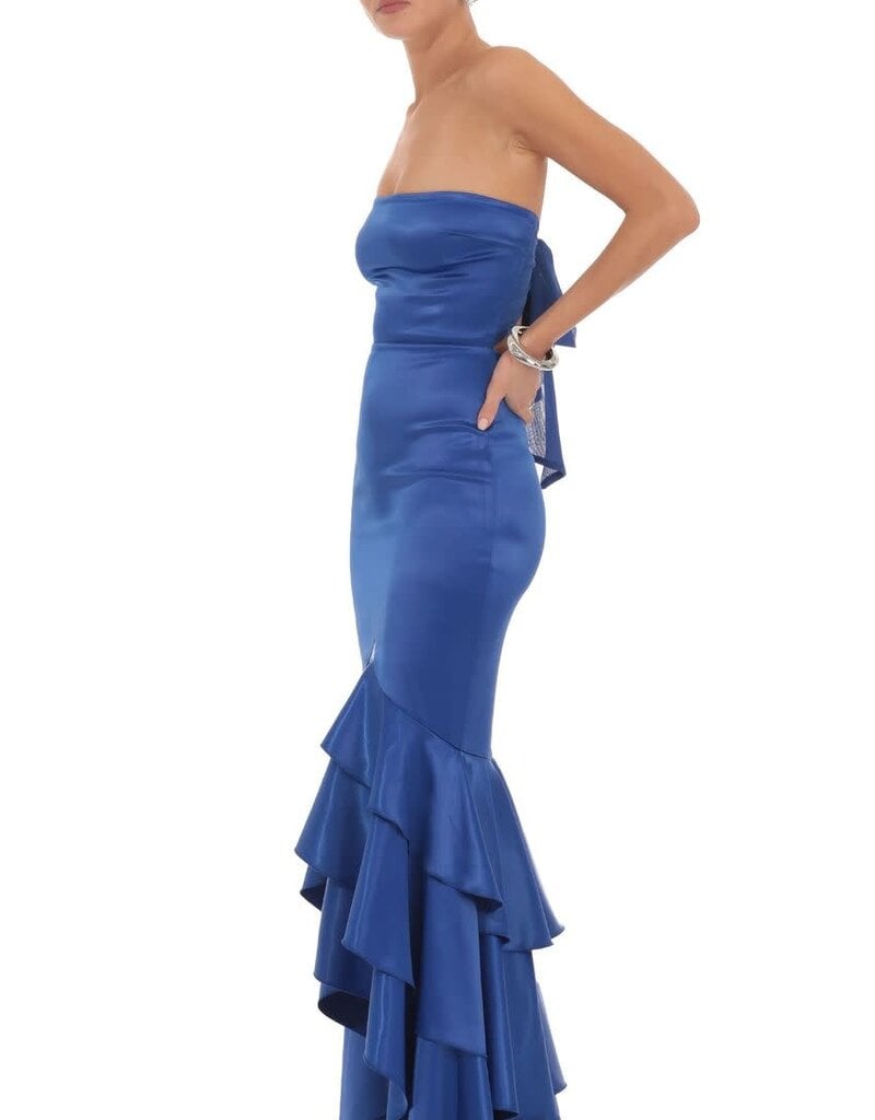 Strapless Satin Ruffle Hem Maxi Dress