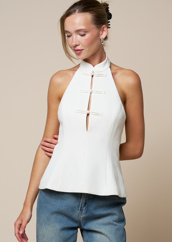 Mandarin Collar Clasp Button Halter Top
