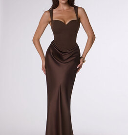 Ora Satin Sweetheart Neck Draped Front Maxi Dress