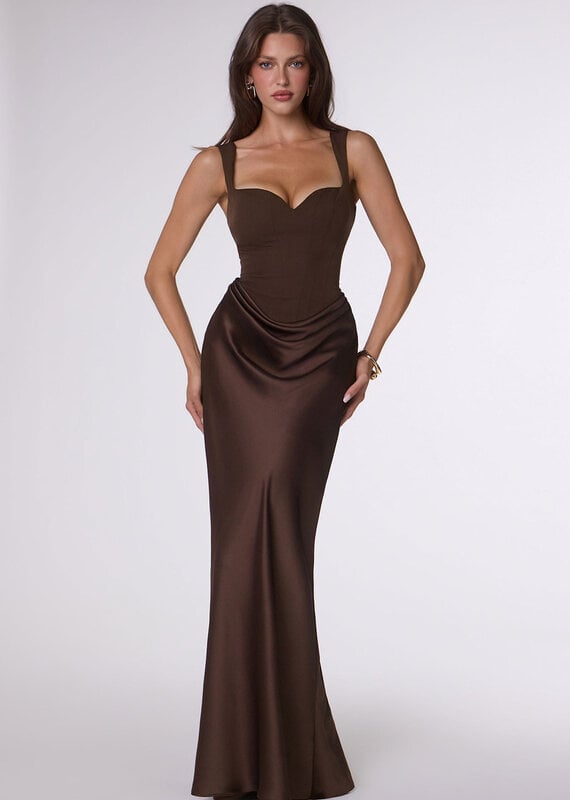 Ora Satin Sweetheart Neck Draped Front Maxi Dress