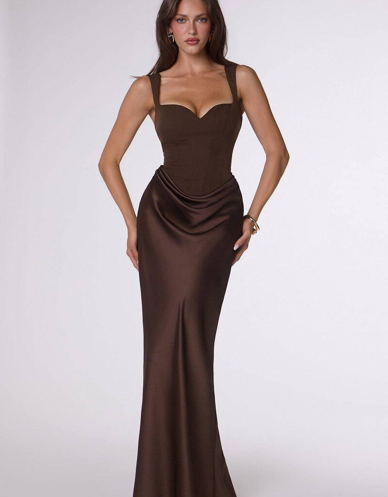 Ora Satin Sweetheart Neck Draped Front Maxi Dress