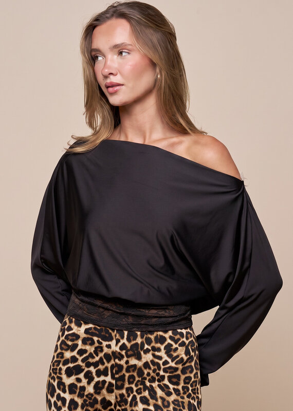 Lace Hem Off Shoulder Long Sleeve Top