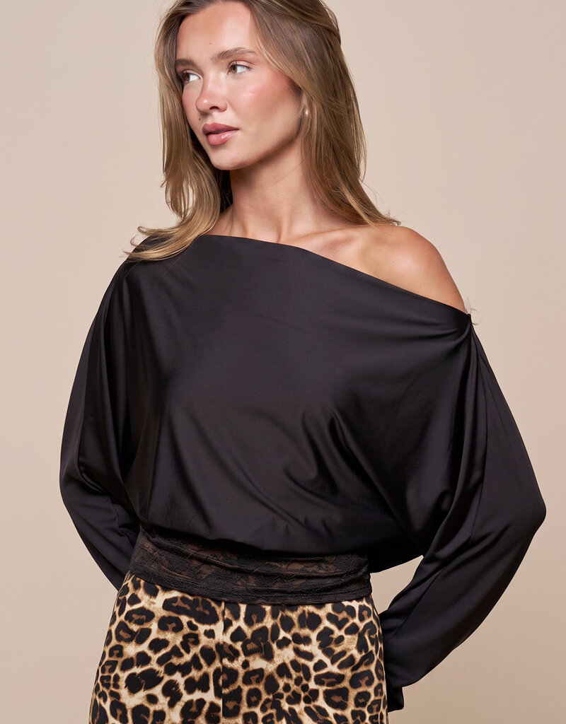 Lace Hem Off Shoulder Long Sleeve Top