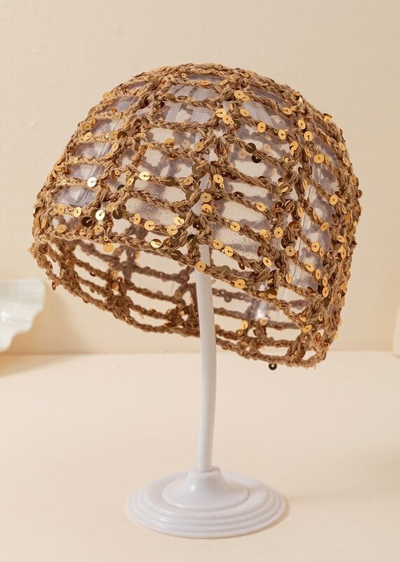 Sequin Crochet Skull Cap Khaki