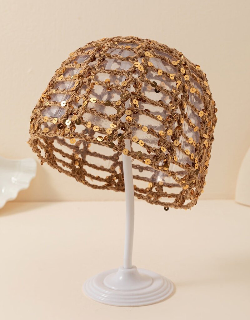 Sequin Crochet Skull Cap Khaki
