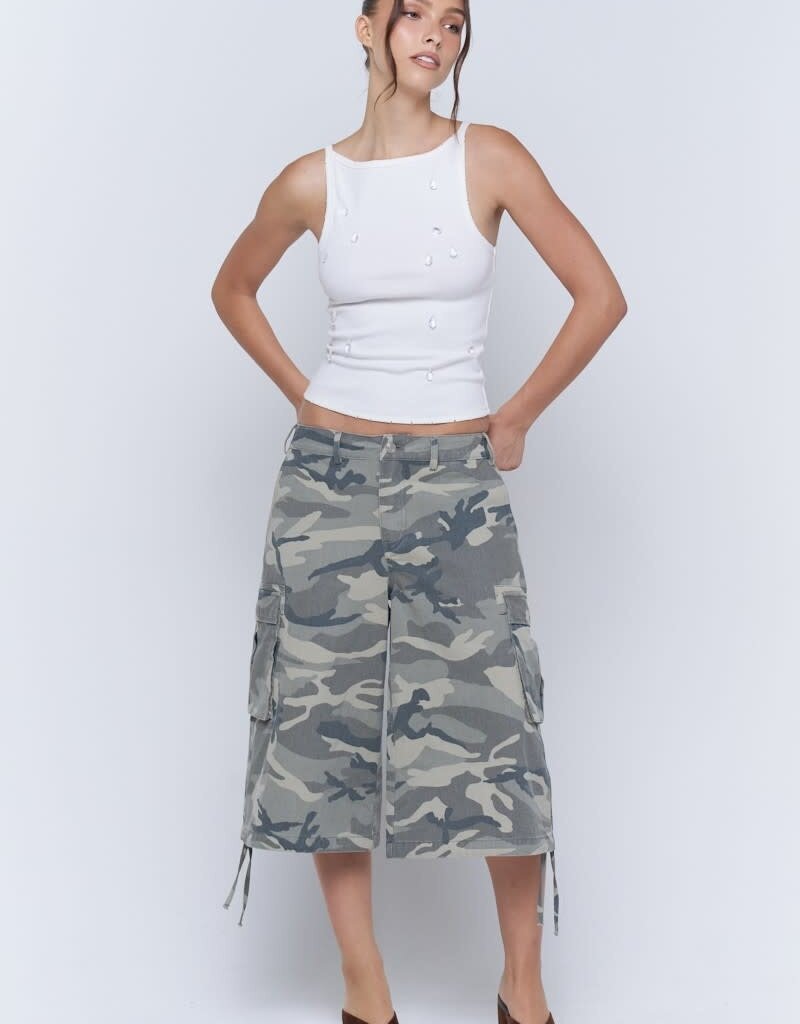 Washed Camo Wide Leg Cargo Long Shorts