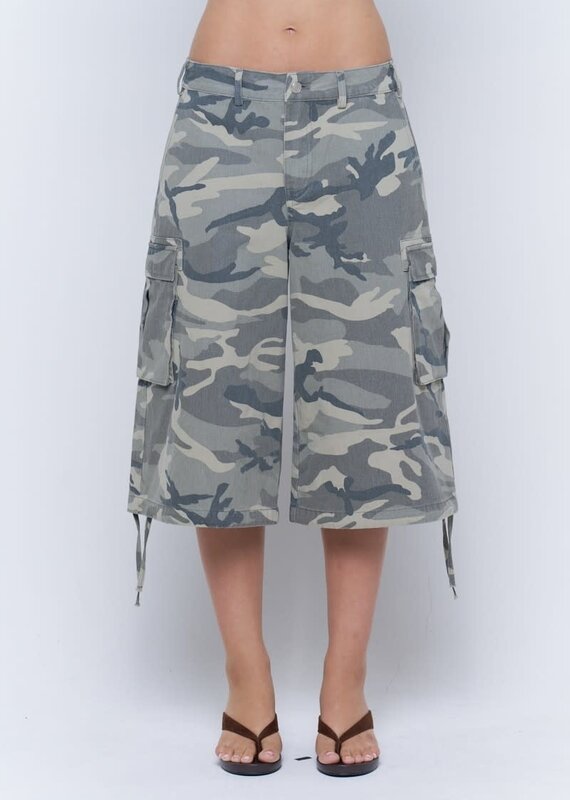 Washed Camo Wide Leg Cargo Long Shorts